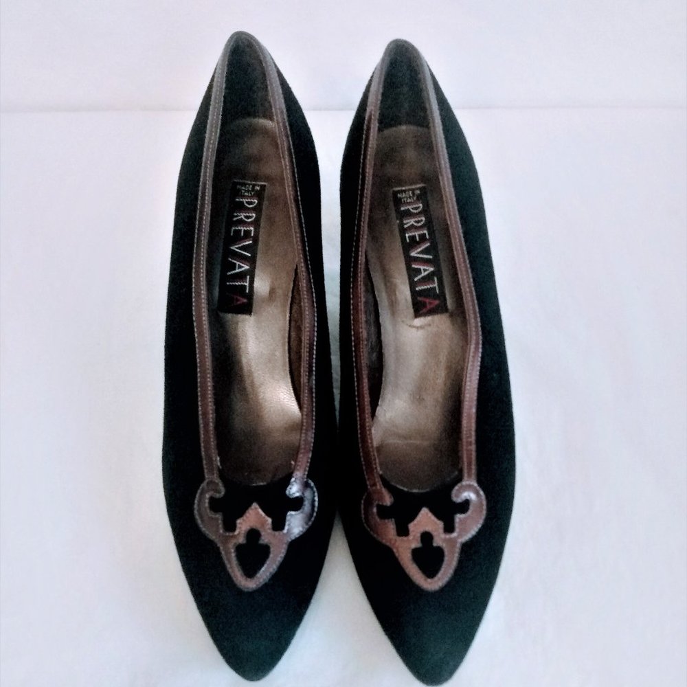 Very Nice Prevata Shoes-Black Suede/Copper Leather Trim-Made In Italy-7 1/2" AA